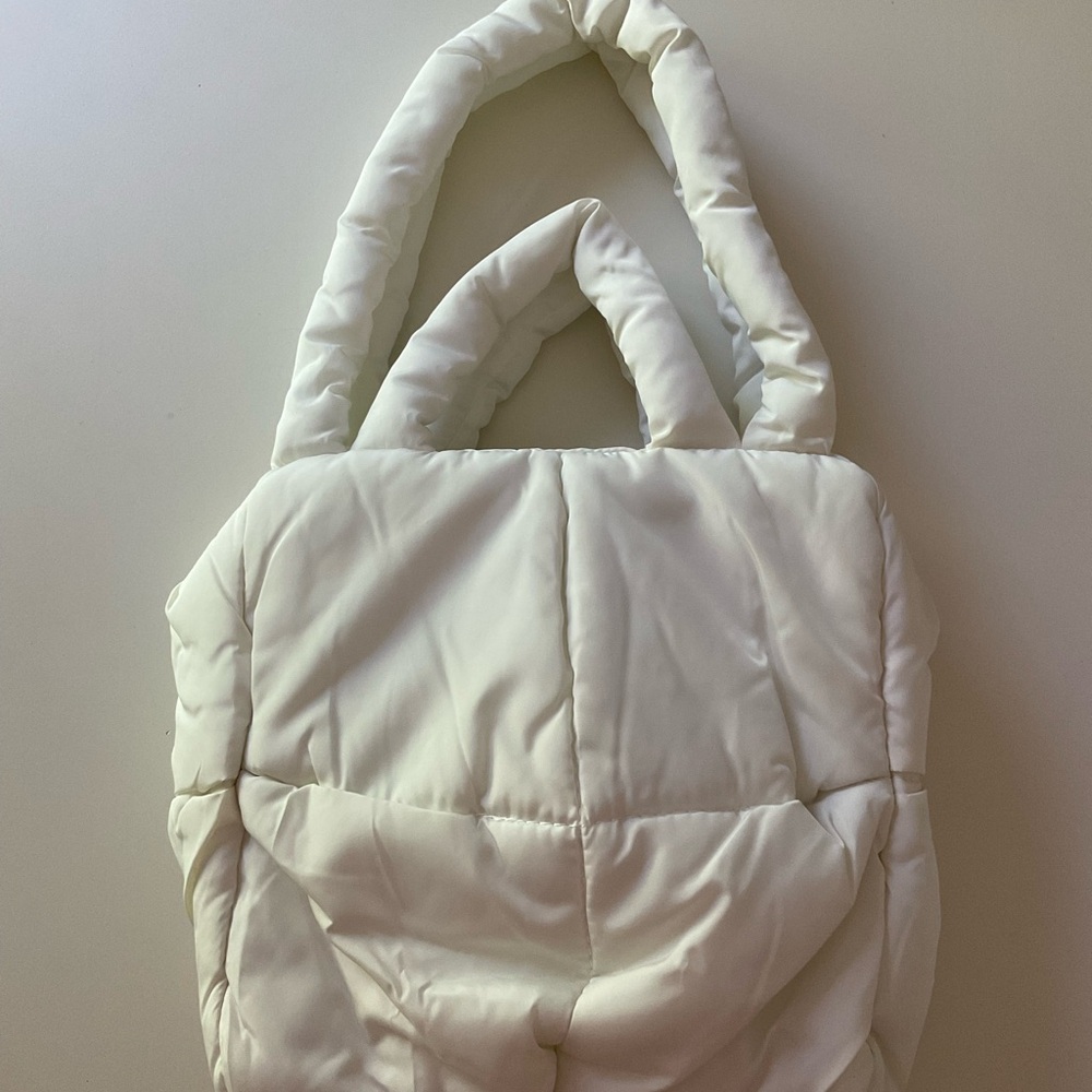 NEW Super Puffy Nylon Tote Quilted Puffer Bag Shoulder Straps Handles Off White